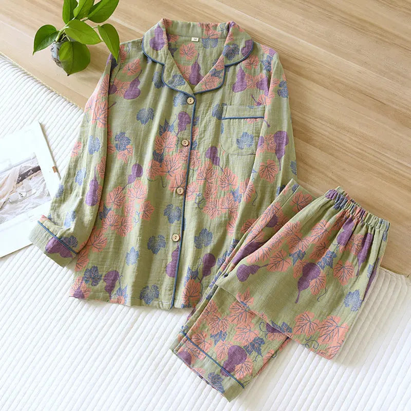 Thin Cotton Gauze Yarn-dyed Jacquard Pajamas Suit For Women - www.Shopthatapp.com