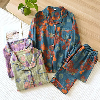 Thin Cotton Gauze Yarn-dyed Jacquard Pajamas Suit For Women - www.Shopthatapp.com #