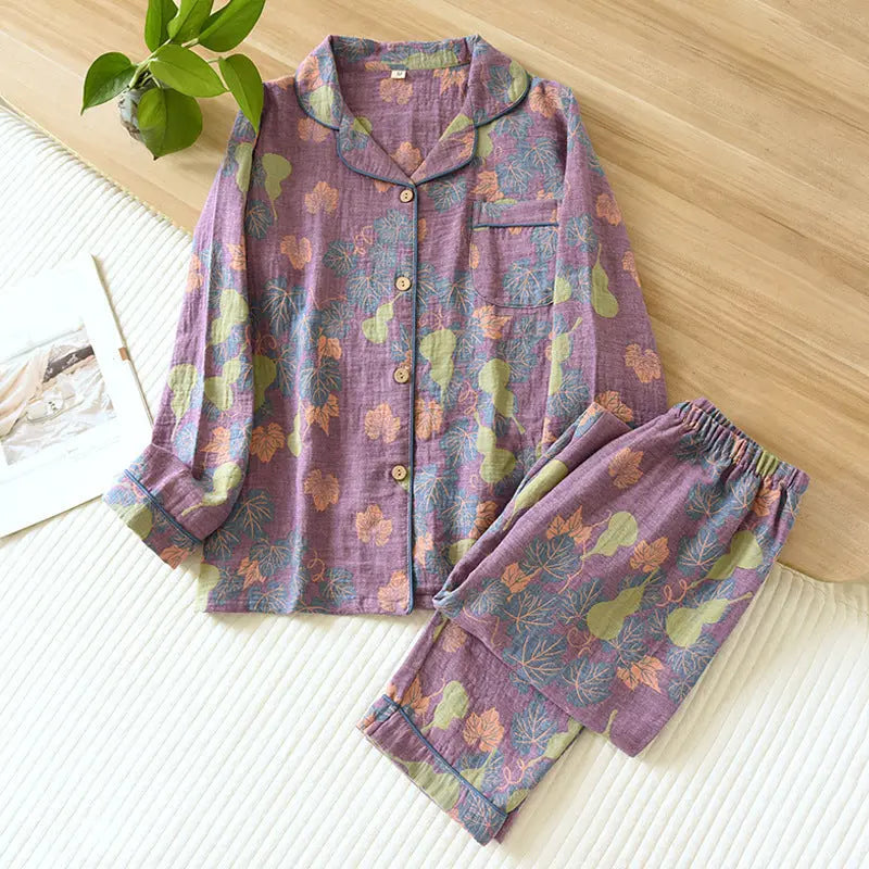 Thin Cotton Gauze Yarn-dyed Jacquard Pajamas Suit For Women - www.Shopthatapp.com #