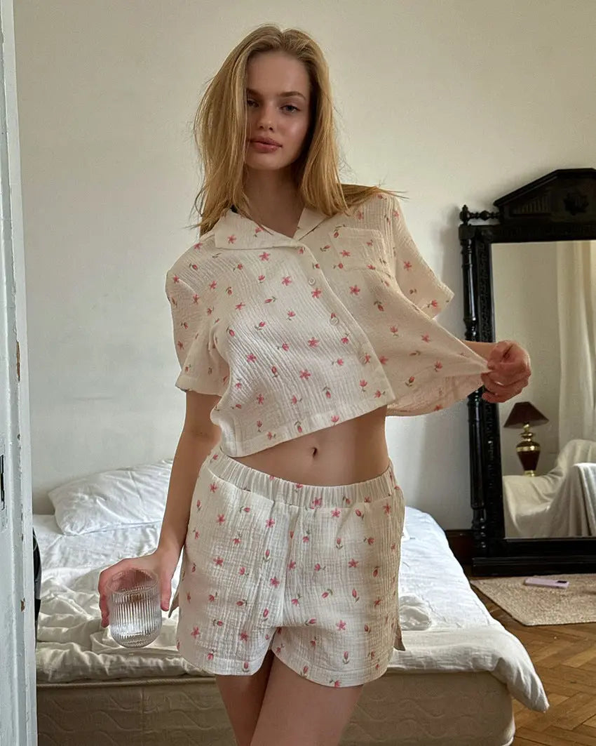 Thin Cotton Printed Comfortable Loose Breathable Short-sleeved Shorts Summer Pajamas Home Wear For Women - www.Shopthatapp.com