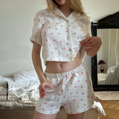 Thin Cotton Printed Comfortable Loose Breathable Short-sleeved Shorts Summer Pajamas Home Wear For Women - www.Shopthatapp.com #