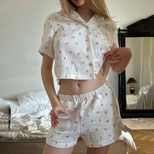 Thin Cotton Printed Comfortable Loose Breathable Short-sleeved Shorts Summer Pajamas Home Wear For Women - www.Shopthatapp.com #