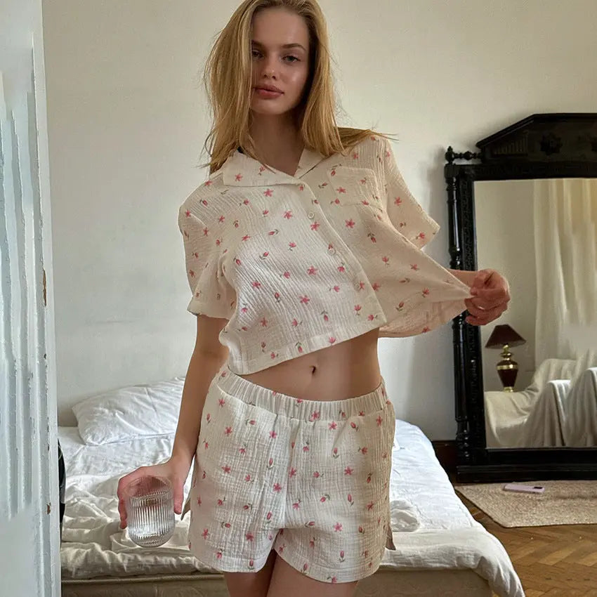 Thin Cotton Printed Comfortable Loose Breathable Short-sleeved Shorts Summer Pajamas Home Wear For Women - www.Shopthatapp.com #