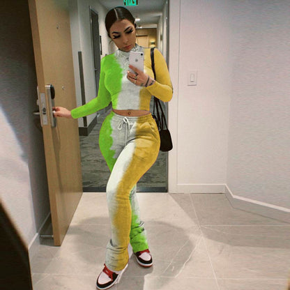 Tie-Dye 2pcs Women Long sleeve Drawstring Sweatsuit Outfit set - www.Shopthatapp.com #
