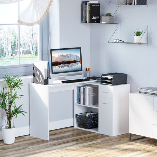 L-Shaped Desk Computer Corner Desk, Adjustable Dining Table with Storage Shelf and Drawer, Workstation for Home Office, White