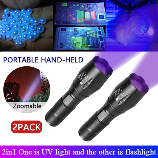 UV Torch Ultra Violet Flashlight Zoomable Blacklight Lamp LED Super Bright 250000lm 2 In 1 395nm Mini Pocket Inspection Light 2 Pack - www.Shopthatapp.com #