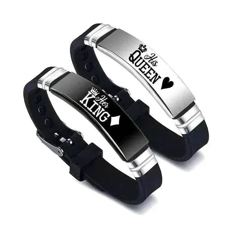 Valentine's Day Black Silver Her King His Queen Couple Bracelets - www.Shopthatapp.com