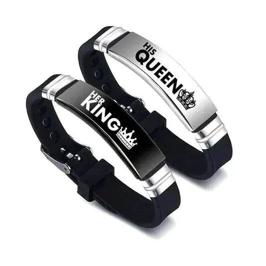 Valentine's Day Black Silver Her King His Queen Couple Bracelets - www.Shopthatapp.com