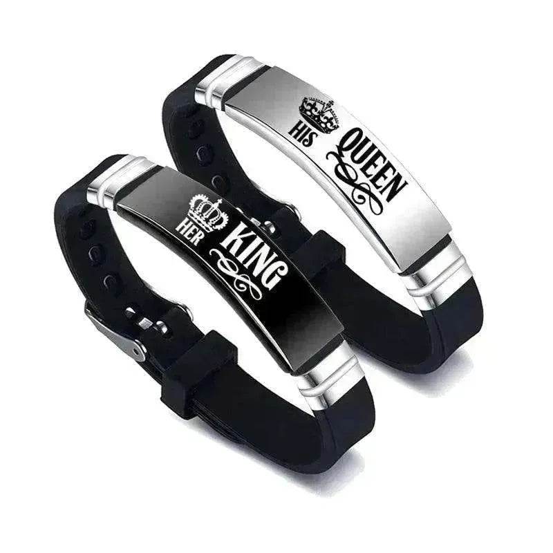 Valentine's Day Black Silver Her King His Queen Couple Bracelets - www.Shopthatapp.com