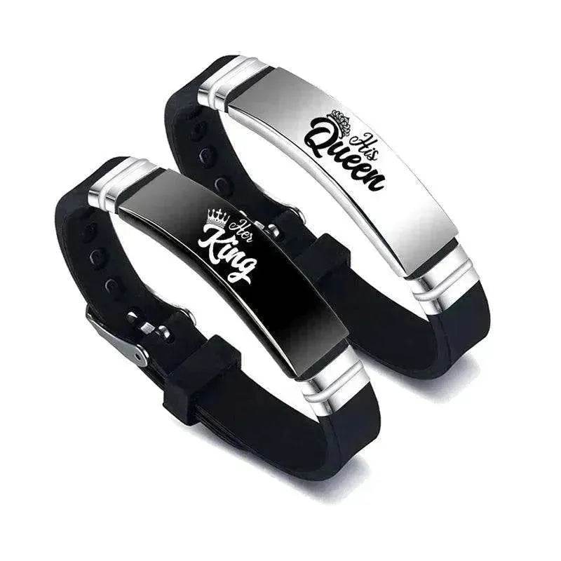 Valentine's Day Black Silver Her King His Queen Couple Bracelets - www.Shopthatapp.com