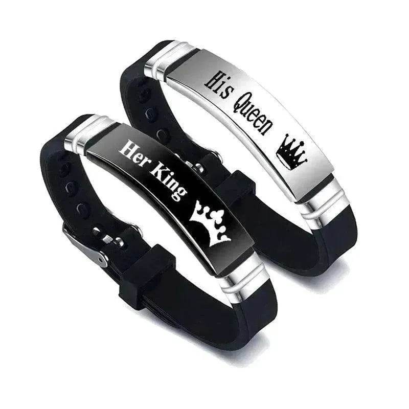 Valentine's Day Black Silver Her King His Queen Couple Bracelets - www.Shopthatapp.com