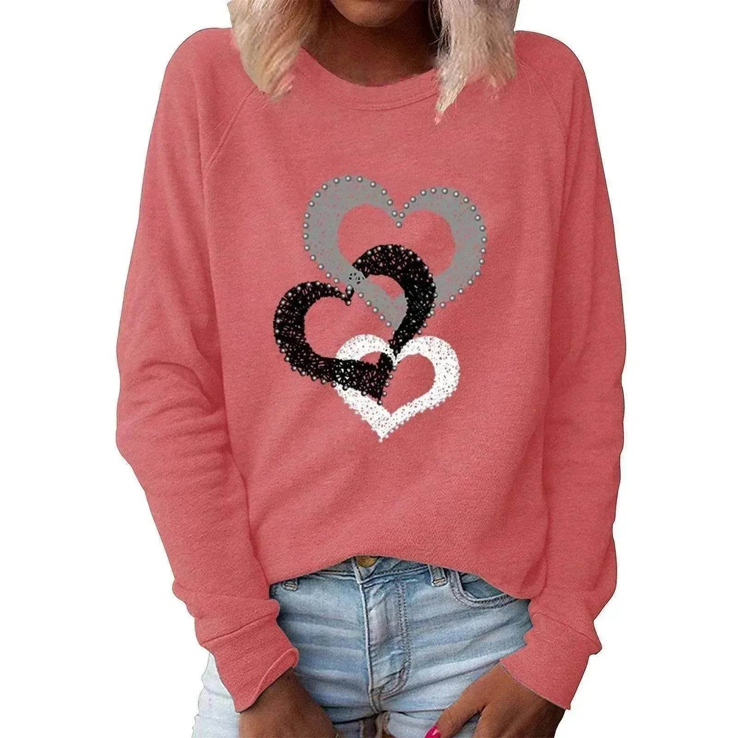 Valentine's Day Love Print Round Neck Long Sleeve Sweater - www.Shopthatapp.com