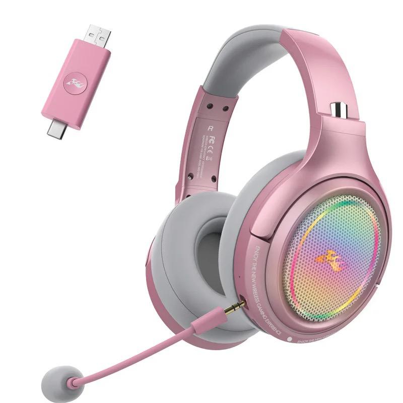 Casque sans fil Bluetooth à faible latence, casque de jeu LED RGB, microphone rose/noir