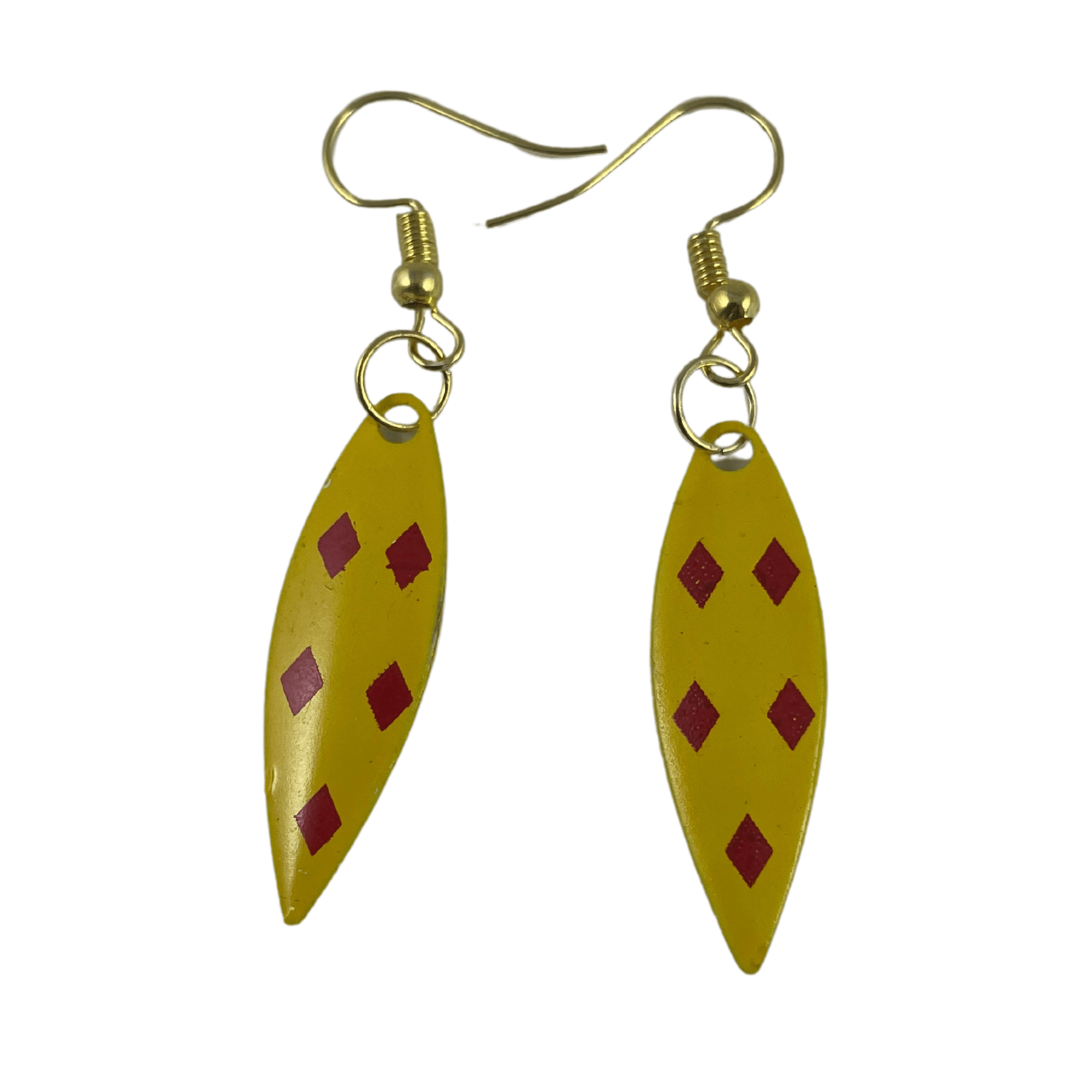 Willowleaf Mustard Yellow 5 Red Diamonds Spinner Blade Earrings - www.Shopthatapp.com