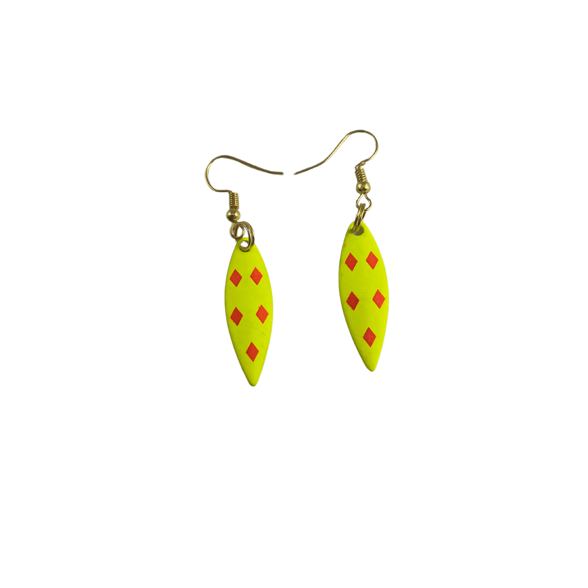 Willowleaf Yellow 5 Red Diamonds Spinner Blade Earrings - www.Shopthatapp.com