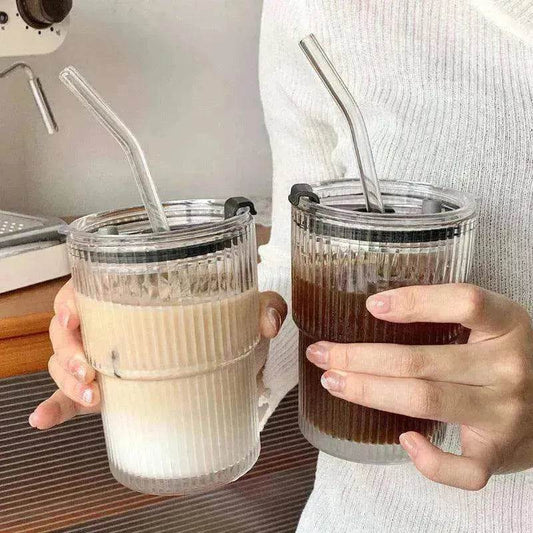 Wind Stripe Coffee Mug With Straw With Lid Glass Handy Mug - www.Shopthatapp.com