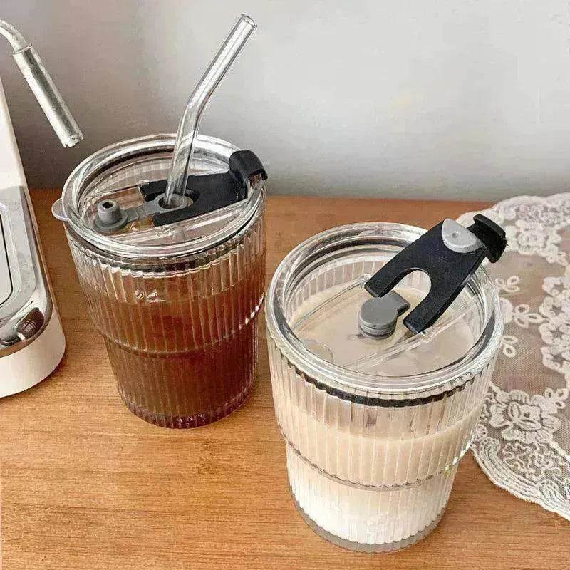 Wind Stripe Coffee Mug With Straw With Lid Glass Handy Mug - www.Shopthatapp.com