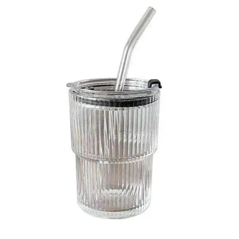 Wind Stripe Coffee Mug With Straw With Lid Glass Handy Mug - www.Shopthatapp.com