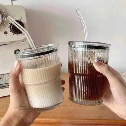 Wind Stripe Coffee Mug With Straw With Lid Glass Handy Mug - www.Shopthatapp.com