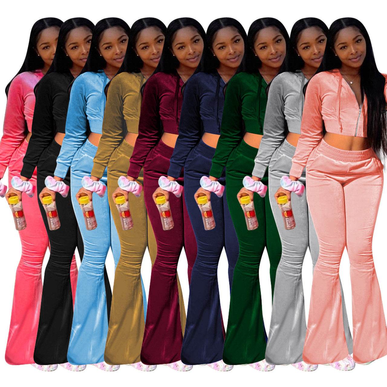 Women 2pcs Velvet Hoodie Wide leg Pant Crop top sweatsuit Athleisure Outfit - www.Shopthatapp.com #