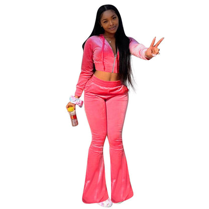 Women 2pcs Velvet Hoodie Wide leg Pant Crop top sweatsuit Athleisure Outfit - www.Shopthatapp.com #