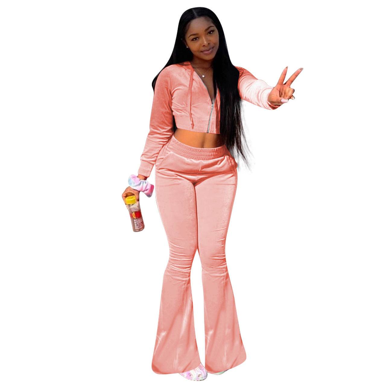 Women 2pcs Velvet Hoodie Wide leg Pant Crop top sweatsuit Athleisure Outfit - www.Shopthatapp.com #