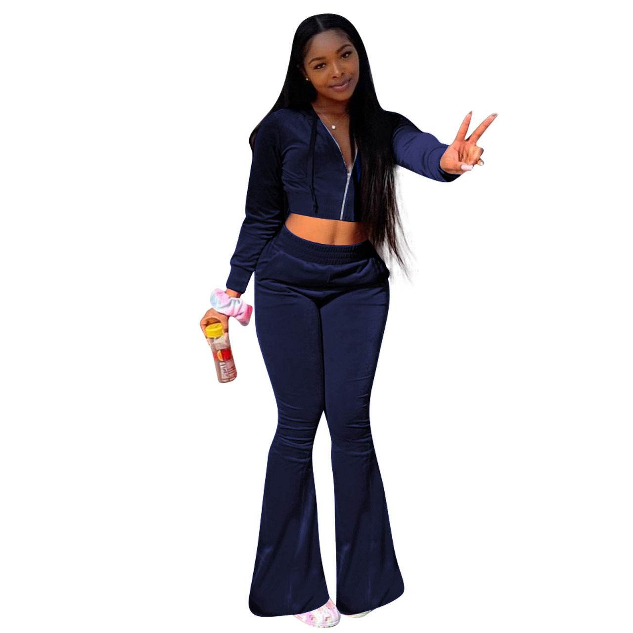 Women 2pcs Velvet Hoodie Wide leg Pant Crop top sweatsuit Athleisure Outfit - www.Shopthatapp.com #