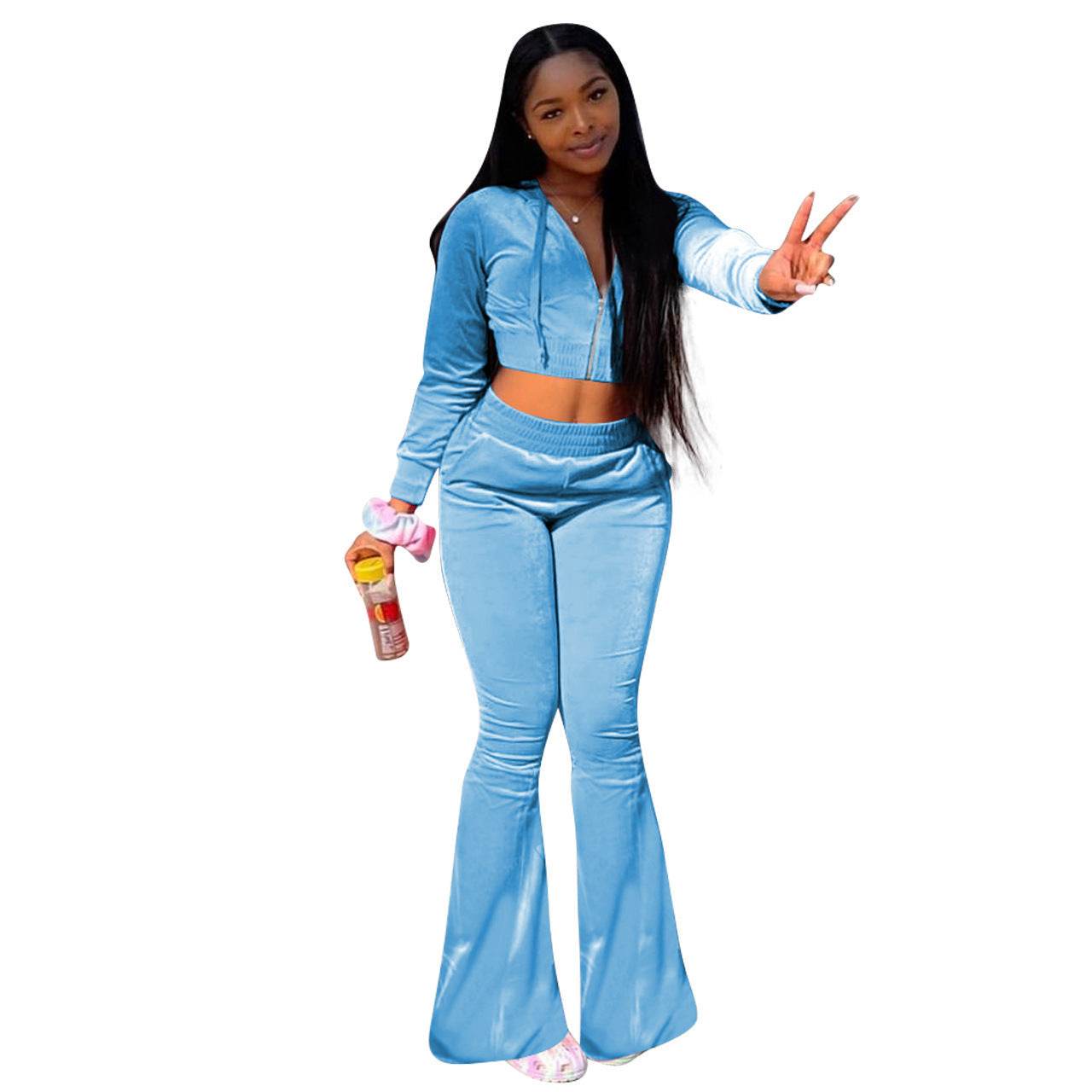 Women 2pcs Velvet Hoodie Wide leg Pant Crop top sweatsuit Athleisure Outfit - www.Shopthatapp.com #