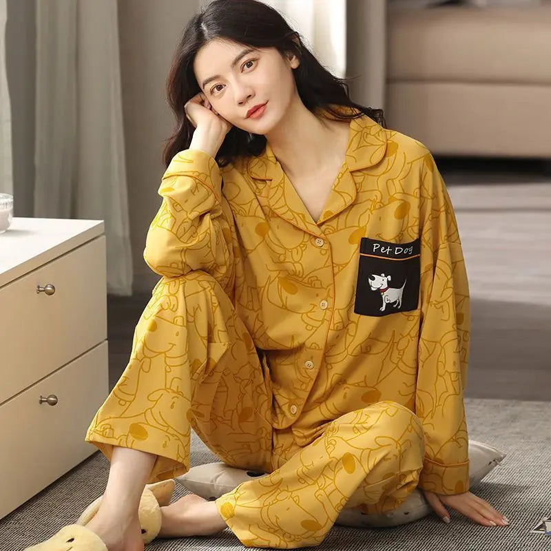 Women Pajamas – Cotton Cartoon Pajama Suit with Long Sleeves - www.Shopthatapp.com