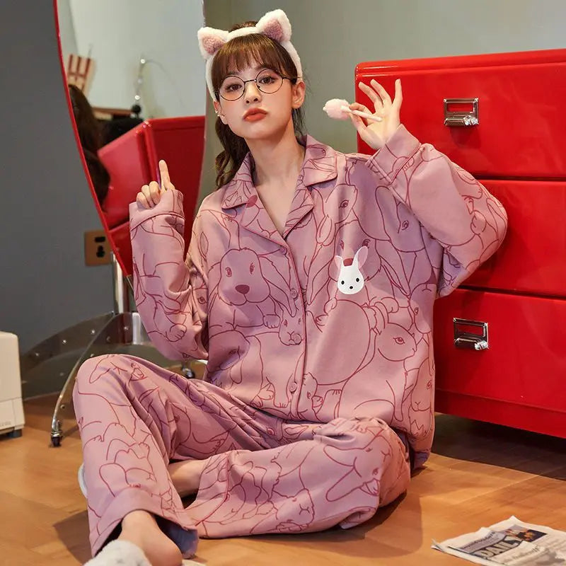 Women Pajamas – Cotton Cartoon Pajama Suit with Long Sleeves - www.Shopthatapp.com