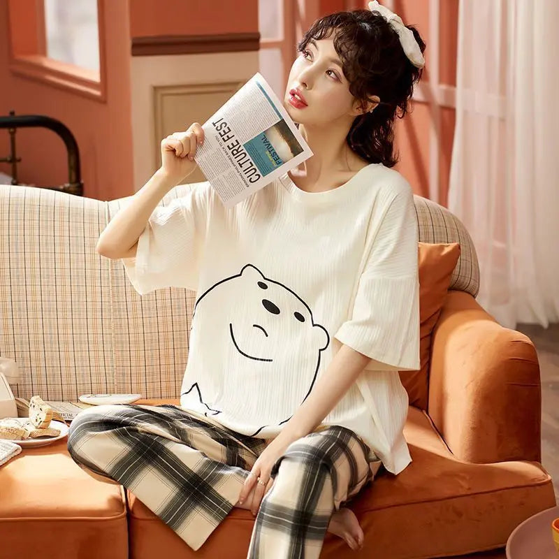 Women Pajamas – Cotton Cartoon Pajama Suit with Long Sleeves - www.Shopthatapp.com