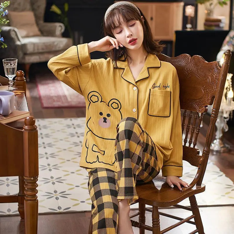 Women Pajamas – Cotton Cartoon Pajama Suit with Long Sleeves - www.Shopthatapp.com