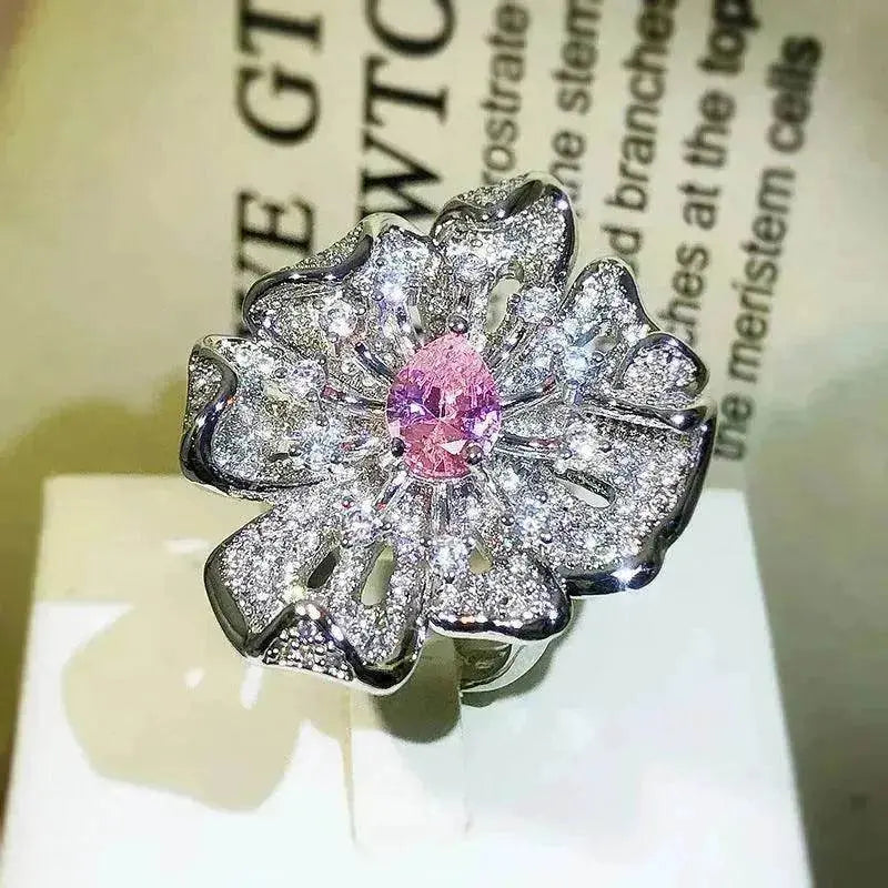 Women Diamond Flower Fashion Ring Female Opening - www.Shopthatapp.com