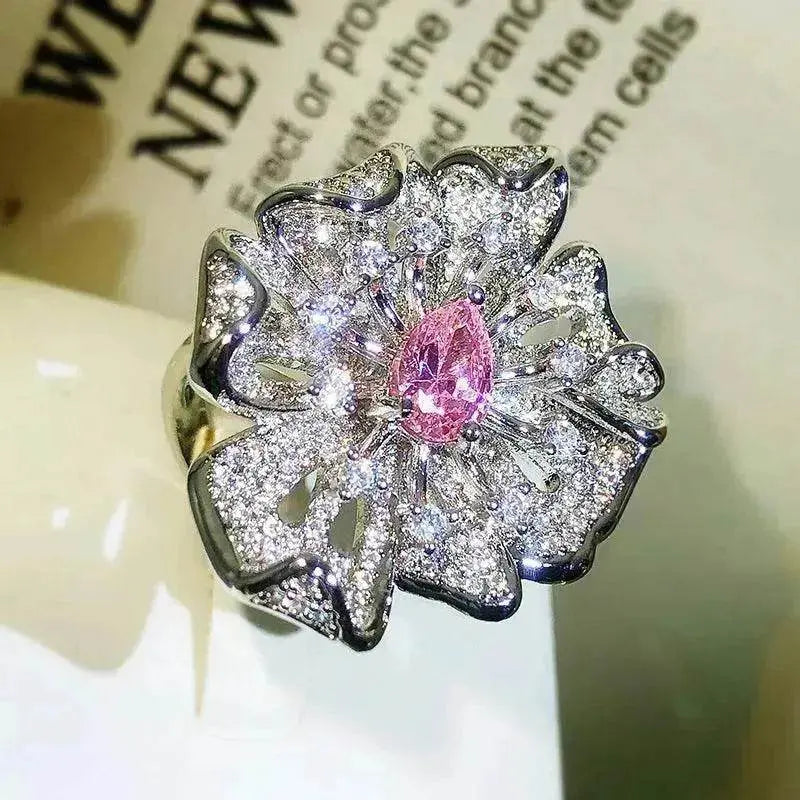 Women Diamond Flower Fashion Ring Female Opening - www.Shopthatapp.com