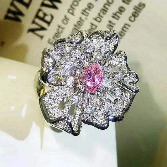 Women Diamond Flower Fashion Ring Female Opening - www.Shopthatapp.com