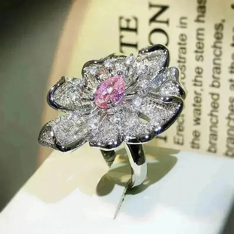 Women Diamond Flower Fashion Ring Female Opening - www.Shopthatapp.com