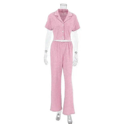 Women's Fashionable Simple Solid Color Short-sleeved Trousers Pajamas Two-piece Set - www.Shopthatapp.com #