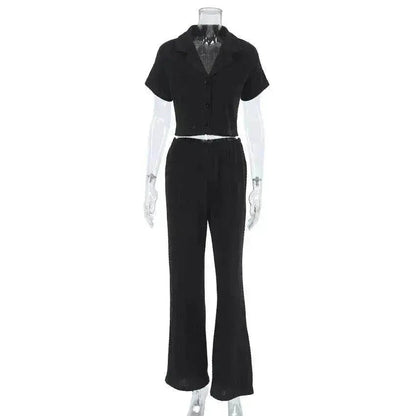 Women's Fashionable Simple Solid Color Short-sleeved Trousers Pajamas Two-piece Set - www.Shopthatapp.com #