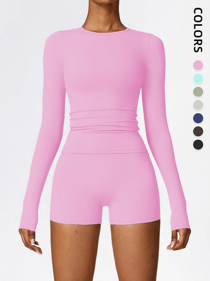 Women's Four Seasons Sports Suit, Women's Long Sleeve Round Neck Sports T-shirt And High Waist Tight Shorts Yoga Suit. - www.Shopthatapp.com #