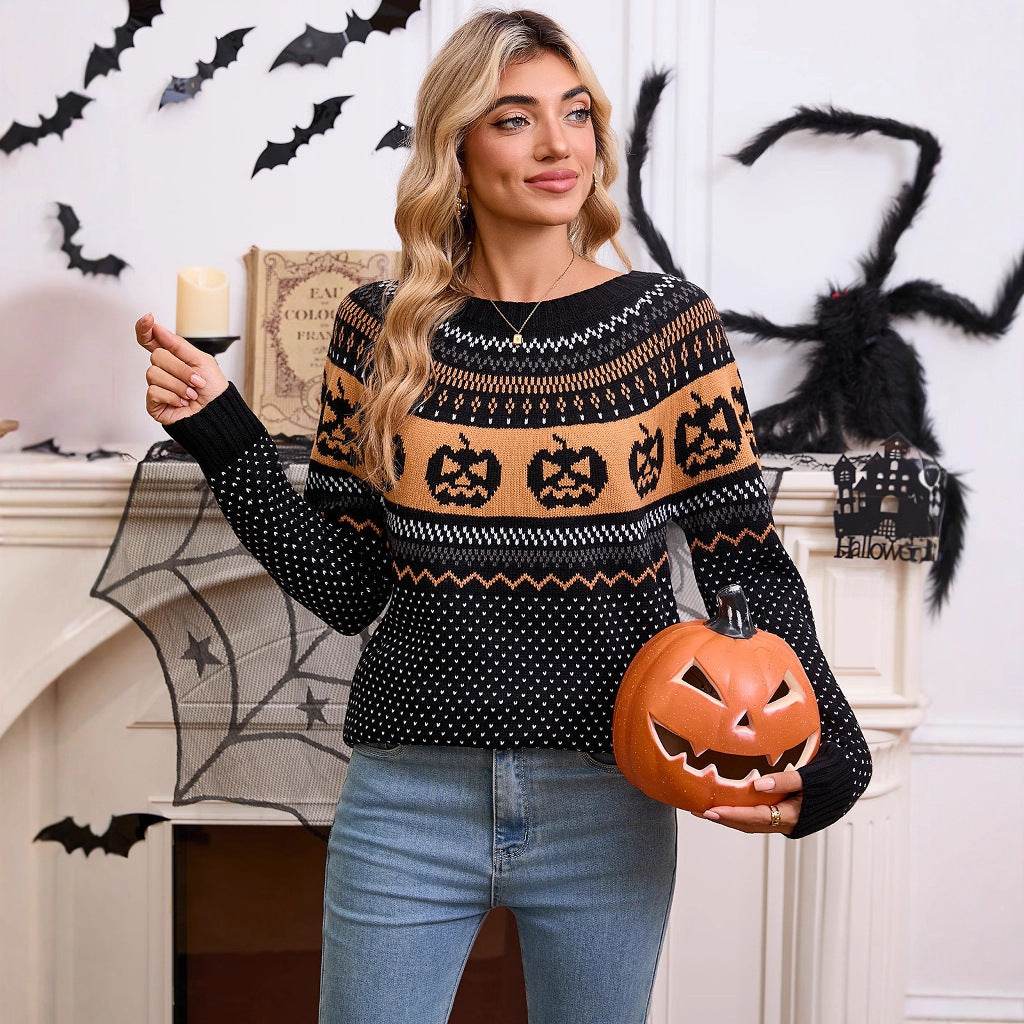 Women's Halloween Pumpkin Embroidered Retro Long-sleeved Sweater - www.Shopthatapp.com #