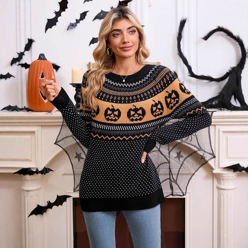Women's Halloween Pumpkin Embroidered Retro Long-sleeved Sweater - www.Shopthatapp.com #