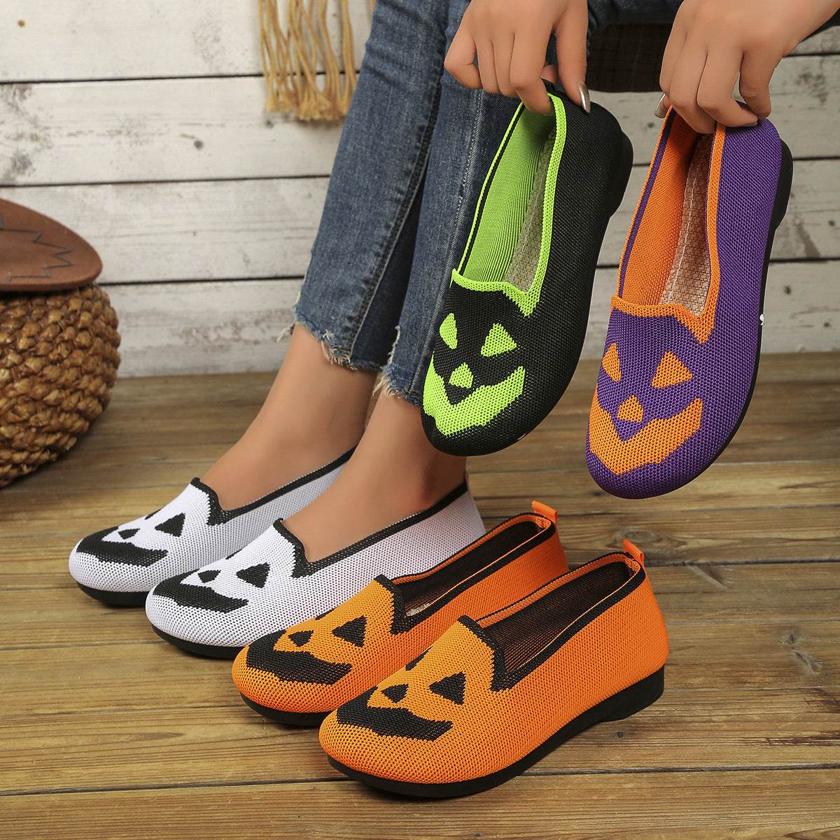 Women's Halloween Pumpkin Printed Breathable Flying Woven Shoes - www.Shopthatapp.com #