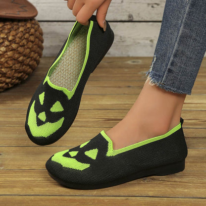 Women's Halloween Pumpkin Printed Breathable Flying Woven Shoes - www.Shopthatapp.com #