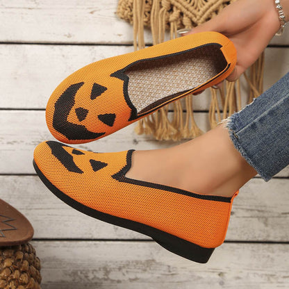 Women's Halloween Pumpkin Printed Breathable Flying Woven Shoes - www.Shopthatapp.com #