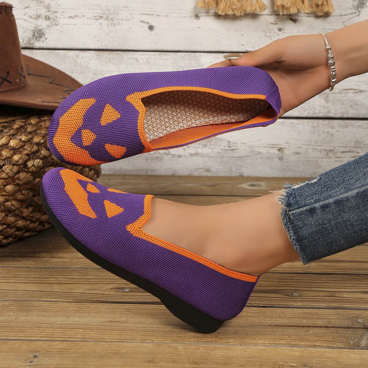 Women's Halloween Pumpkin Printed Breathable Flying Woven Shoes - www.Shopthatapp.com #