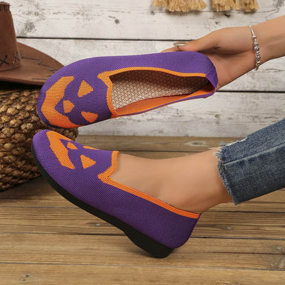 Women's Halloween Pumpkin Printed Breathable Flying Woven Shoes - www.Shopthatapp.com #