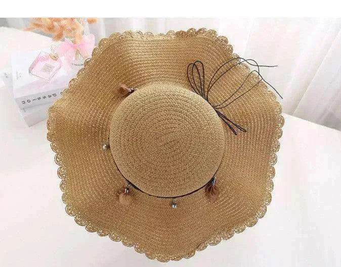 Women's Han Korean Edition Big Beach Wavy With Leather Rope Weaving Hat - www.Shopthatapp.com #