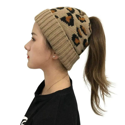 Women's Leopard Jacquard Ponytail Knitted Woolen Hat - www.Shopthatapp.com #