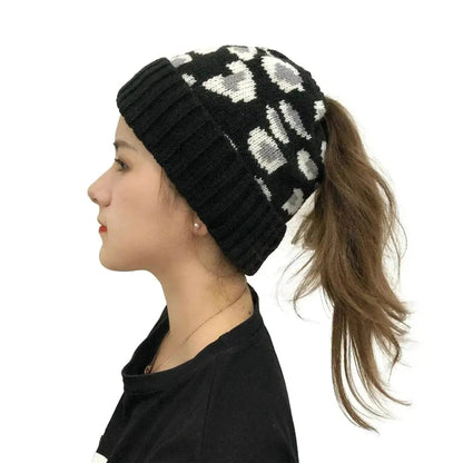 Women's Leopard Jacquard Ponytail Knitted Woolen Hat - www.Shopthatapp.com #