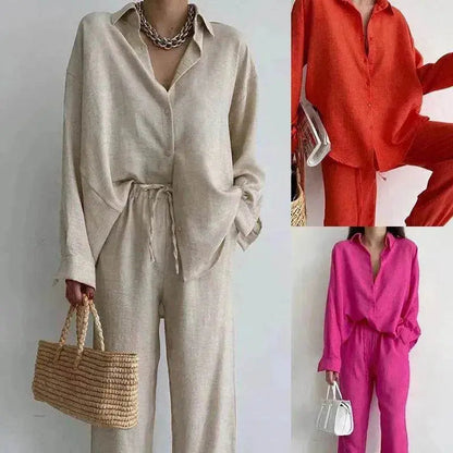 Women's 2 Piece Outfits Set Linen Button down shirt Blouse and straight Leg Pants Set - www.Shopthatapp.com